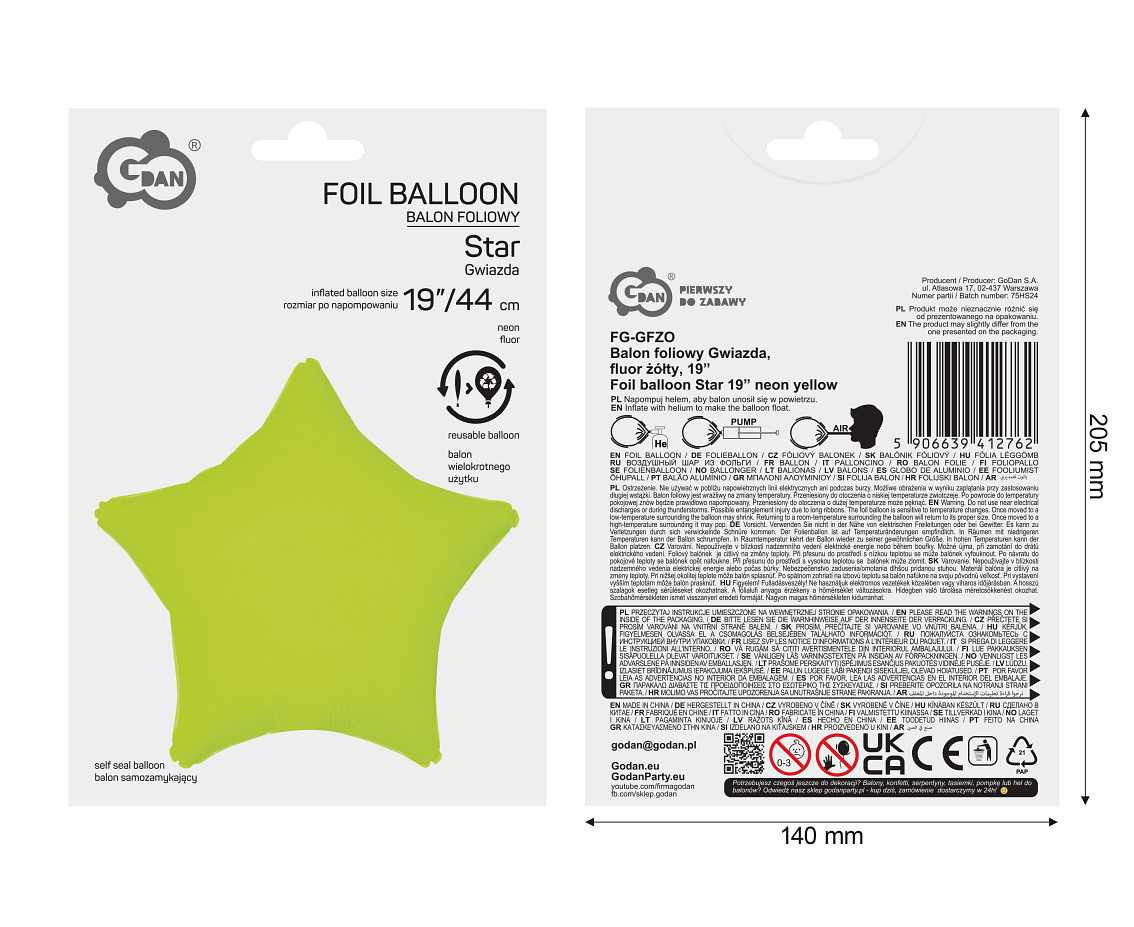Foil balloon Star 19“ neon yellow